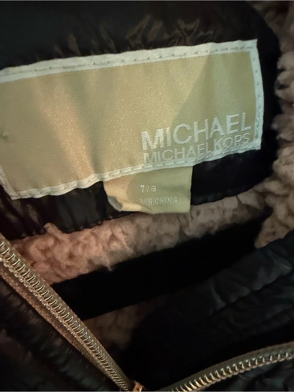 Michael Kors Girls 7/8 Black Puffer Jacket Pink Sherpa Hood Rose Gold